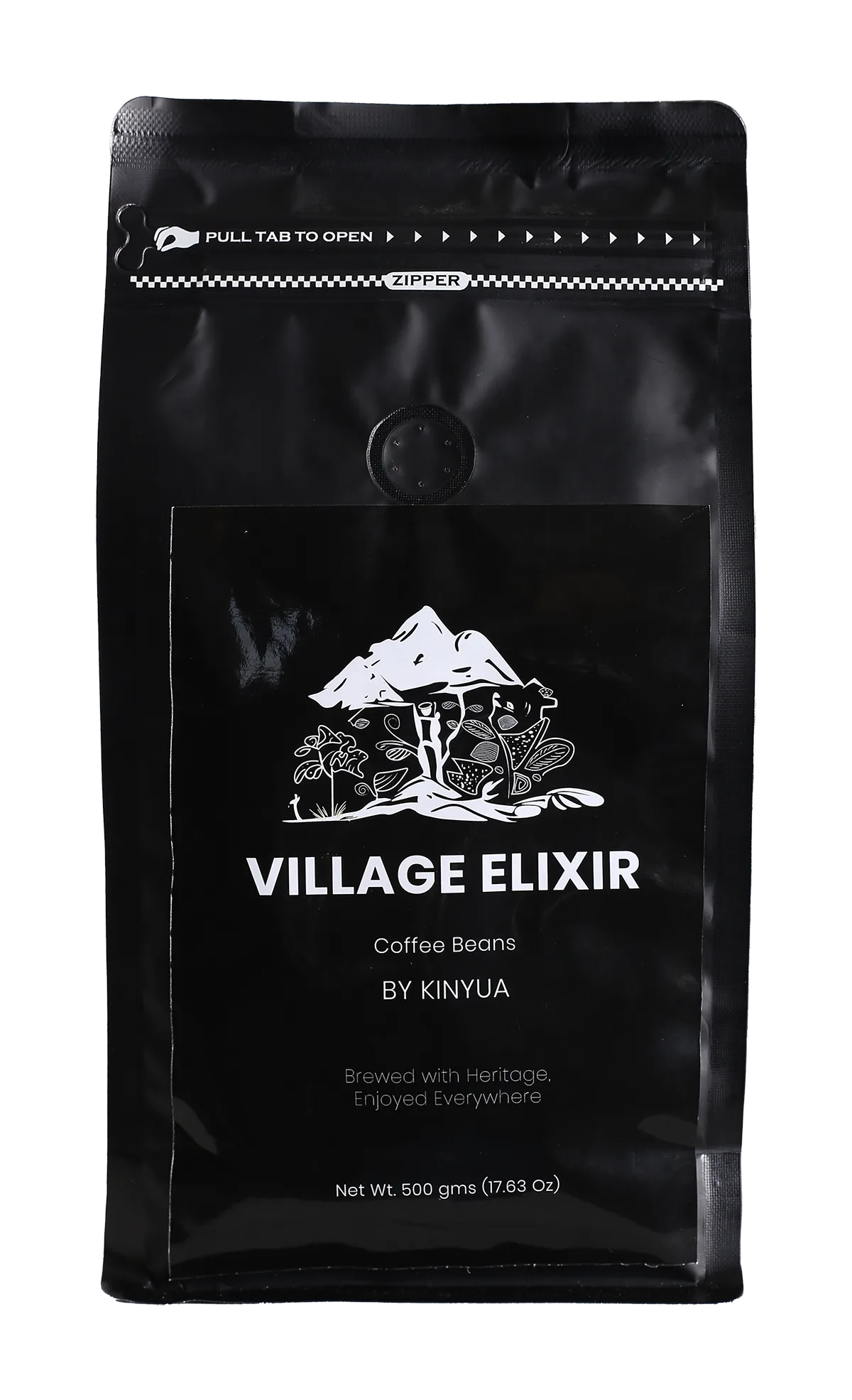 Village Elixir Premium Arabica Coffee Beans 250g pack, craft roasted whole coffee beans with rich aroma and smooth flavor for home brewing.
