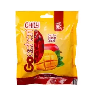 Tangy Red Chilli Dried Mango Slices 70g pack, sweetened mango with spicy chilli coating. Perfect for anyone looking to buy dried mango slices or order sweetened dried mango online.