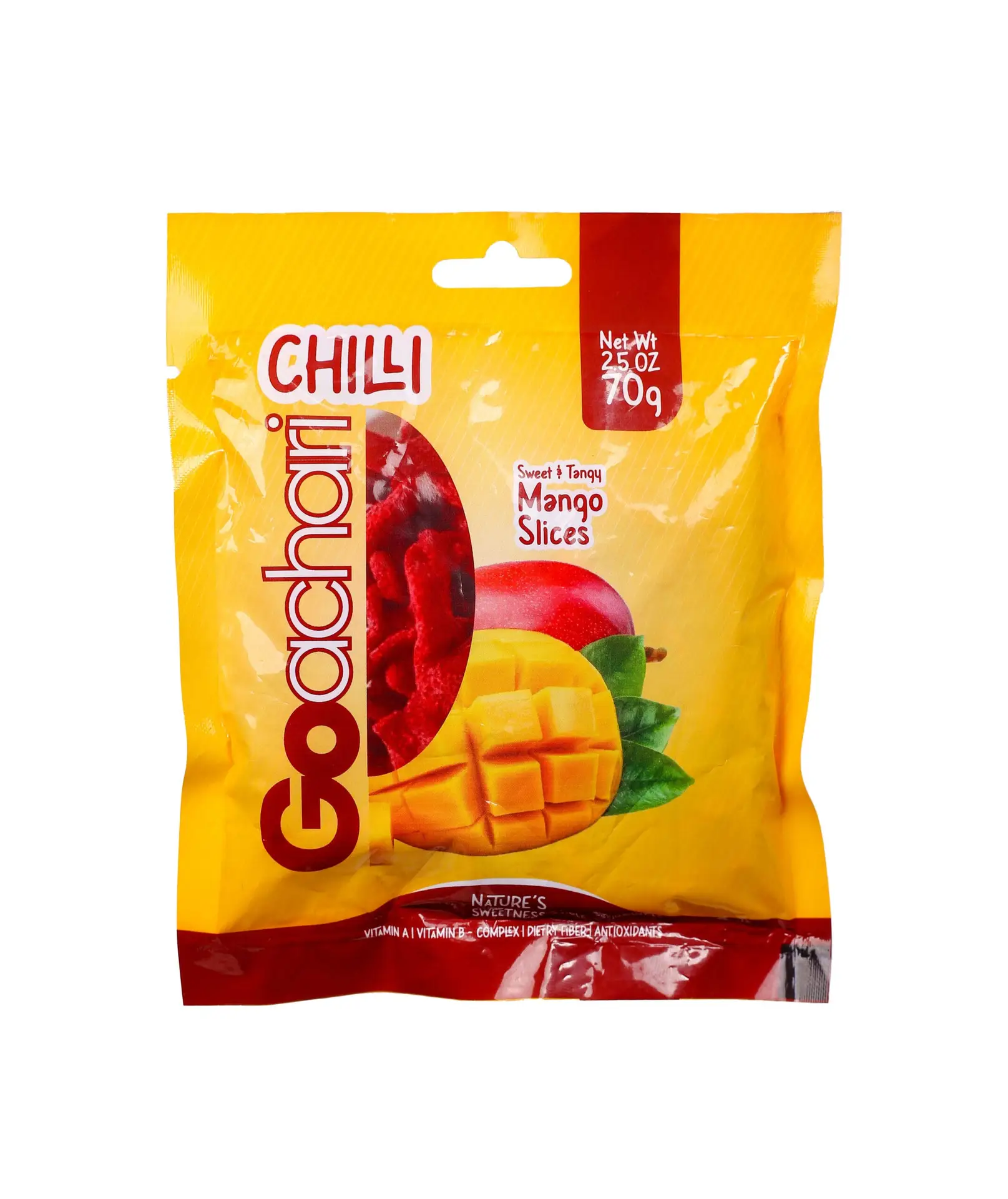 Tangy Red Chilli Dried Mango Slices 70g pack, sweetened mango with spicy chilli coating. Perfect for anyone looking to buy dried mango slices or order sweetened dried mango online.