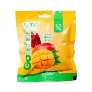 Go Achari Sweet and Tangy Sun-Dried Mango Slices 70g, premium export-quality dried mango with sweet tropical flavor and tangy Achari seasoning, perfect for healthy snacking.