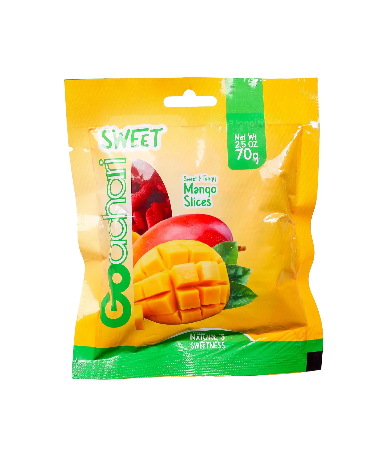 Go Achari Sweet and Tangy Sun-Dried Mango Slices 70g, premium export-quality dried mango with sweet tropical flavor and tangy Achari seasoning, perfect for healthy snacking.